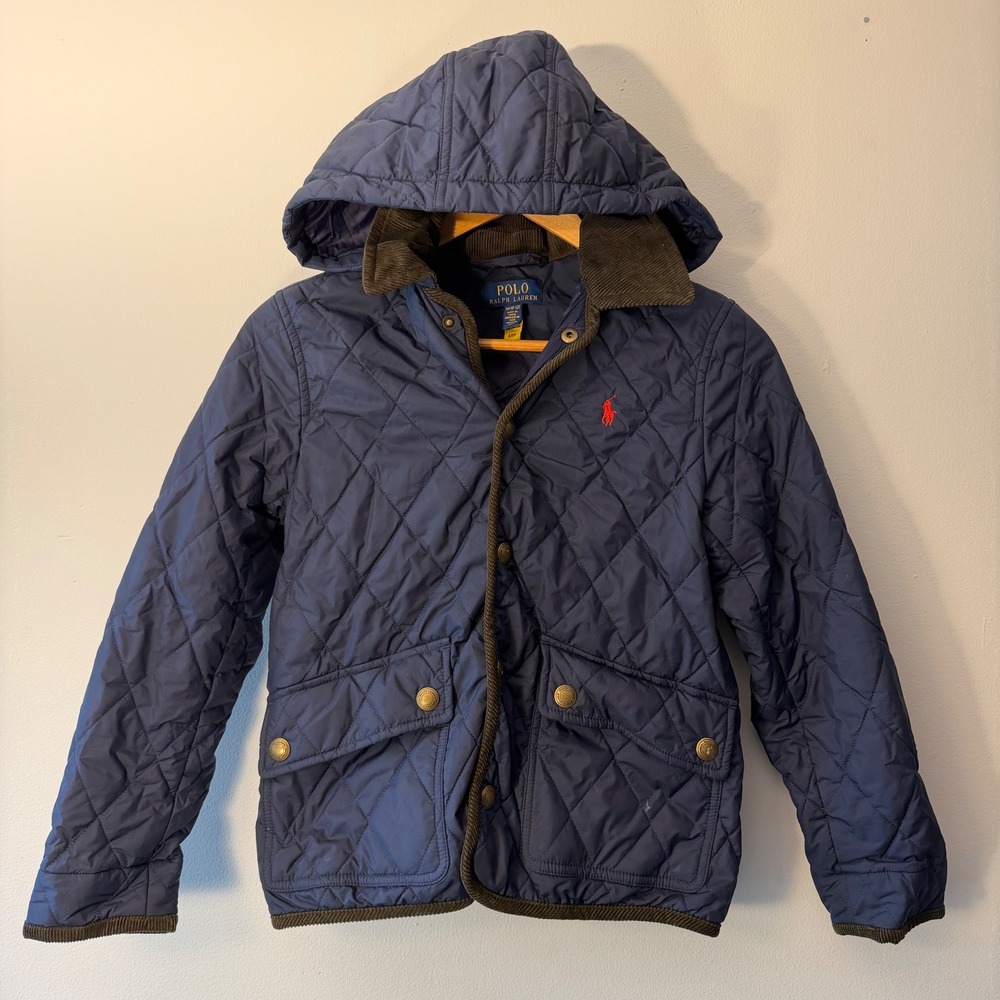 Polo Ralph Lauren Kids Navy Quilted Hooded Jacket Size M 10-12 Corduroy Trim